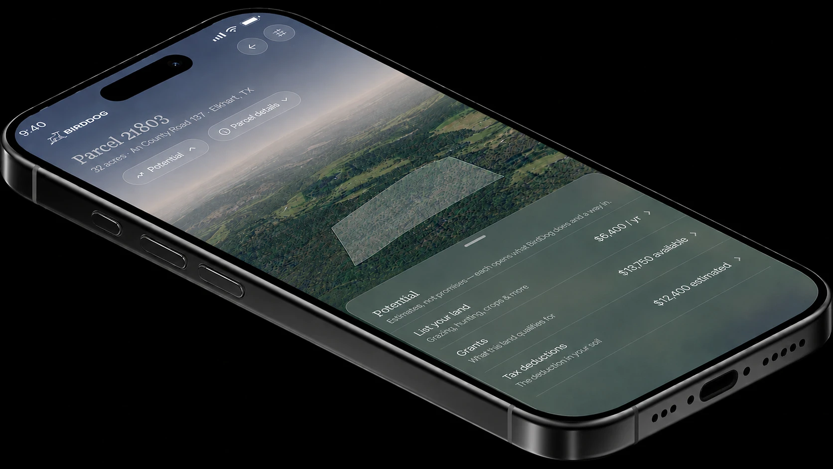The Birddog app on a phone — a parcel detail with an aerial map and a sheet of potential earnings, grants, and tax deductions