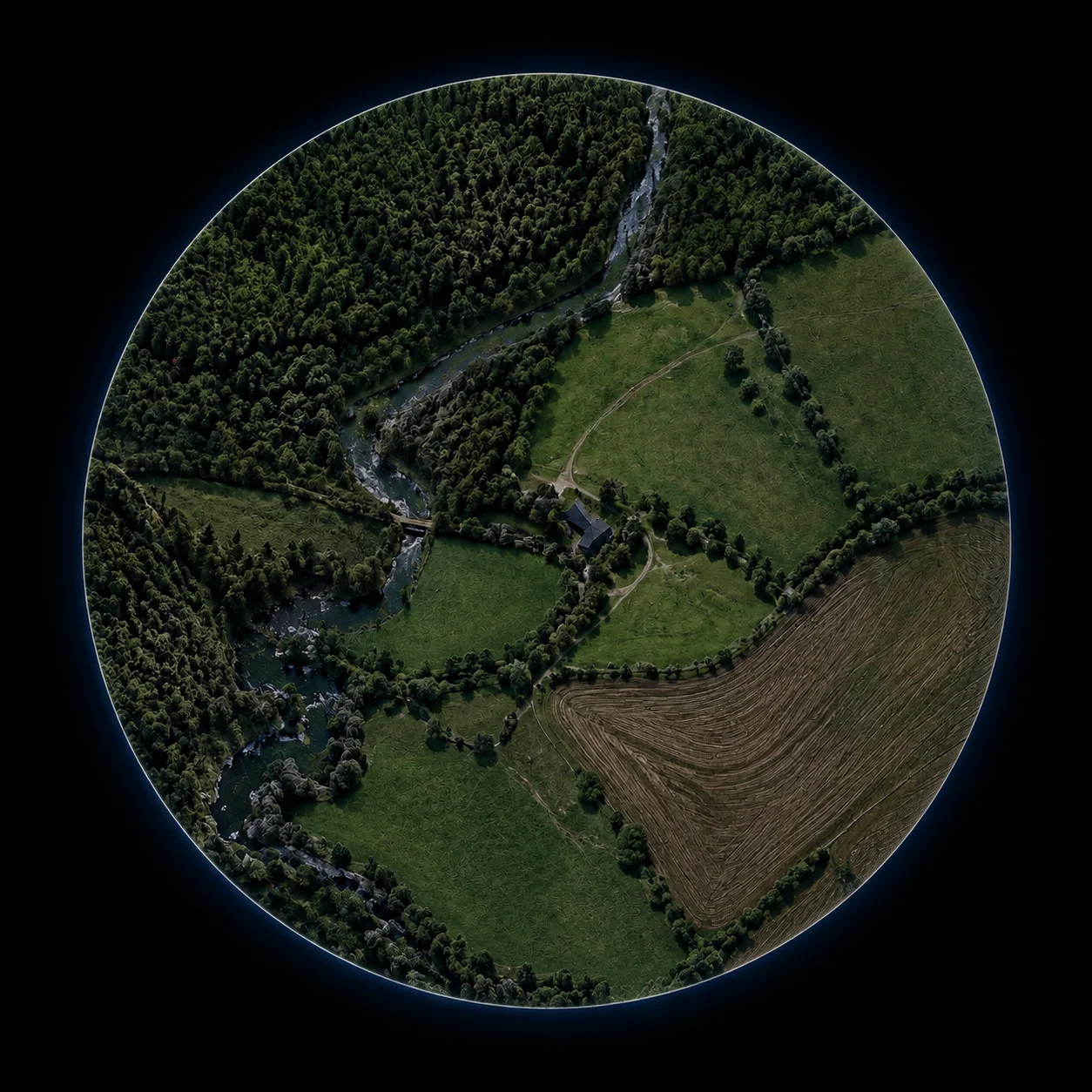 Circular aerial view of a shared property with a soft blue halo